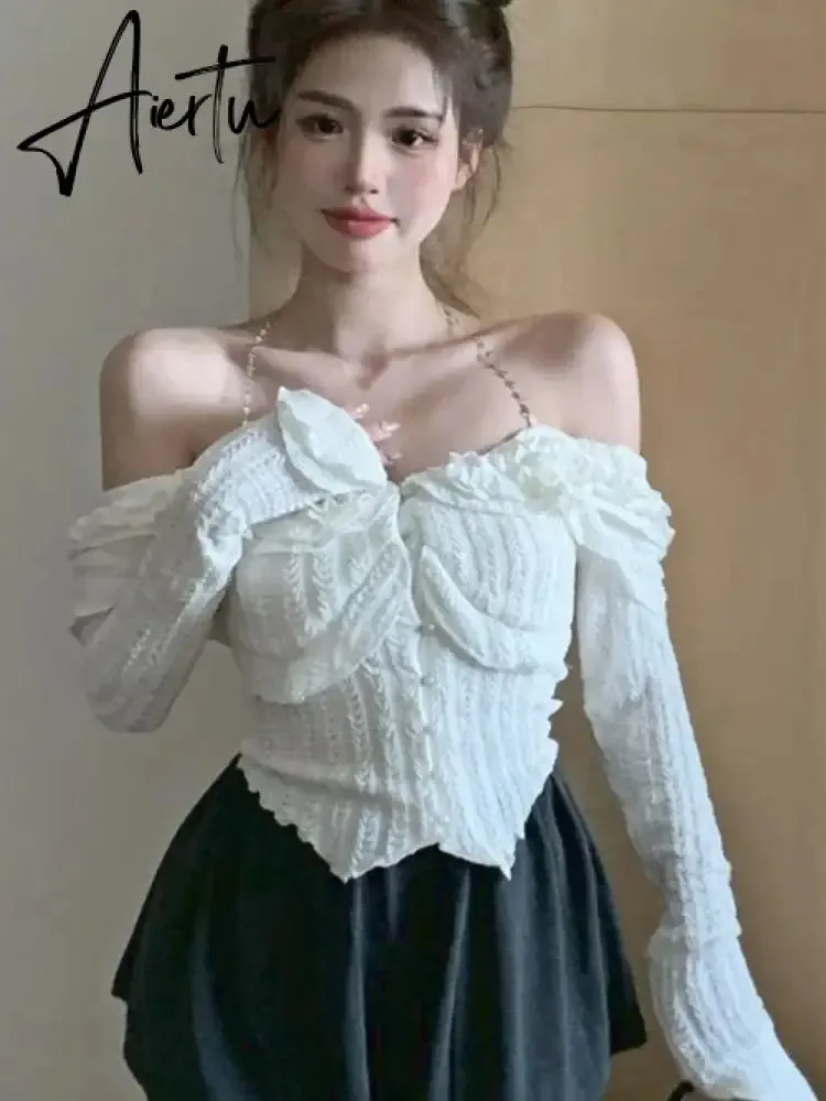 Aiertu Autumn White Sexy Kawaii Blouse Women Korean Fashion Elegant Party Slim Tops Female Ruffle Flounce Designer Casual Blouse 2023