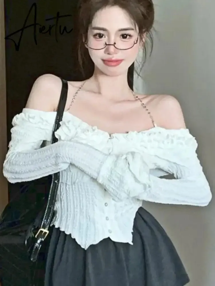 Aiertu Autumn White Sexy Kawaii Blouse Women Korean Fashion Elegant Party Slim Tops Female Ruffle Flounce Designer Casual Blouse 2023