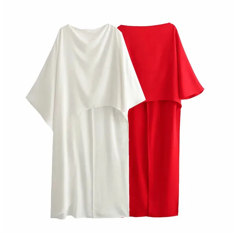 Aiertu Female Stylish Solid Blouses Asymmetric Cape Style Red White Satin Shirt Half Sleeves Women's New Elegant Tops Casual Shirt