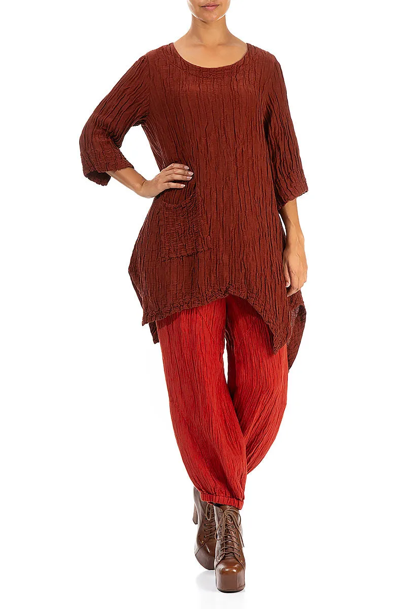 Asymmetric Crinkled Brick Silk Linen Tunic