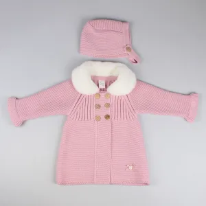 Baby Girls Dusky Pink Knitted Coat - Faux Fur Collar with Bonnet