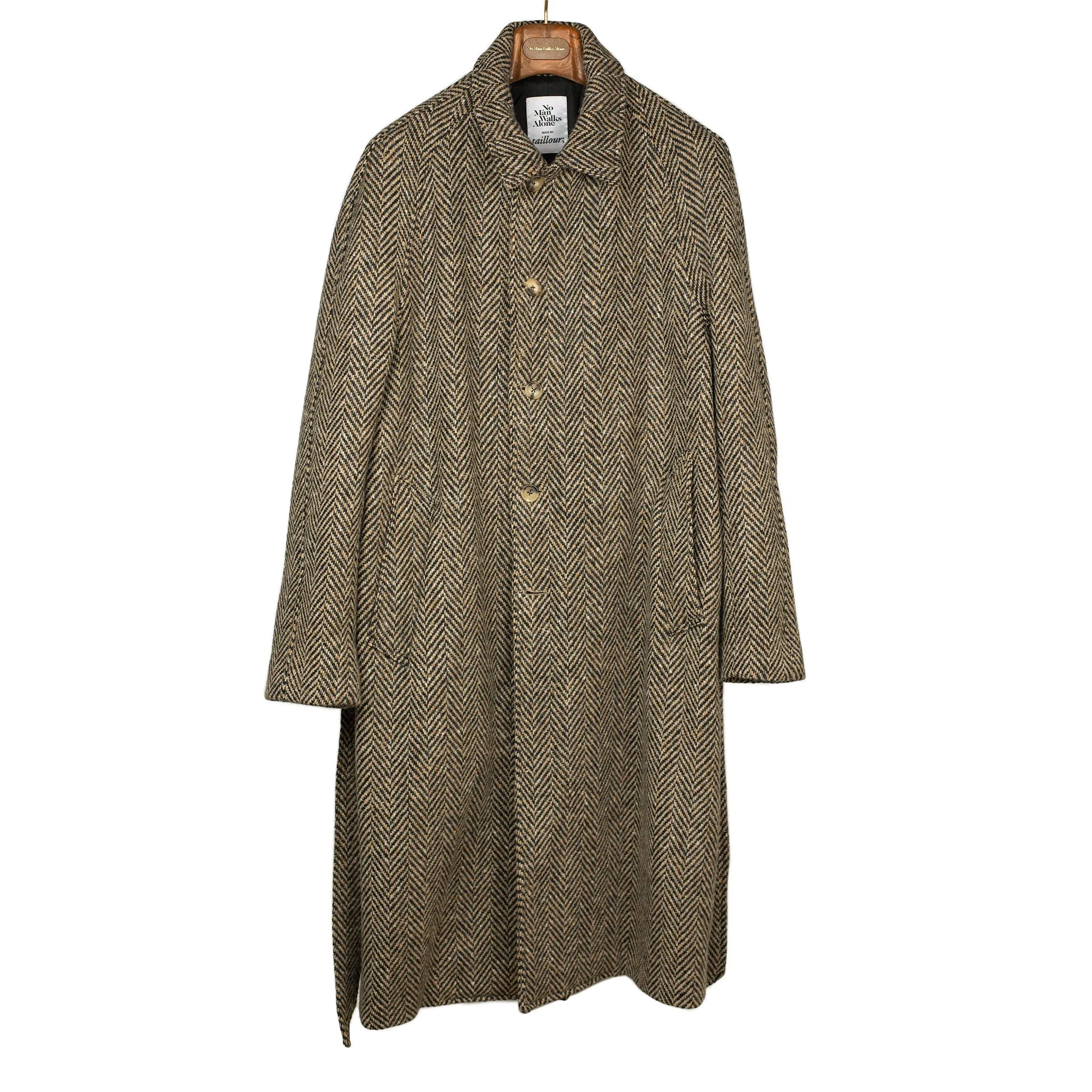 Belted balmacaan coat in handloomed Donegal oatmeal-black herringbone tweed