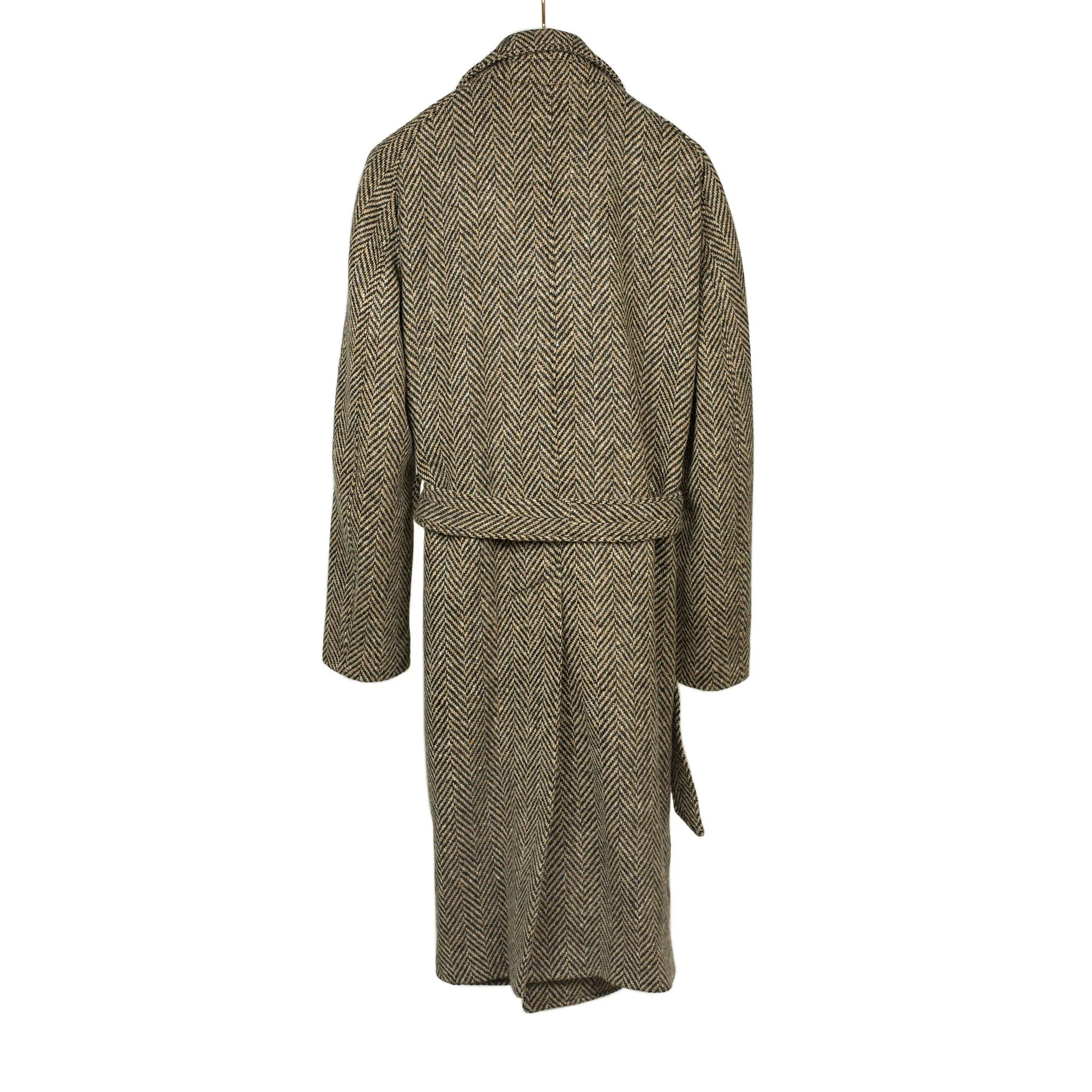 Belted balmacaan coat in handloomed Donegal oatmeal-black herringbone tweed