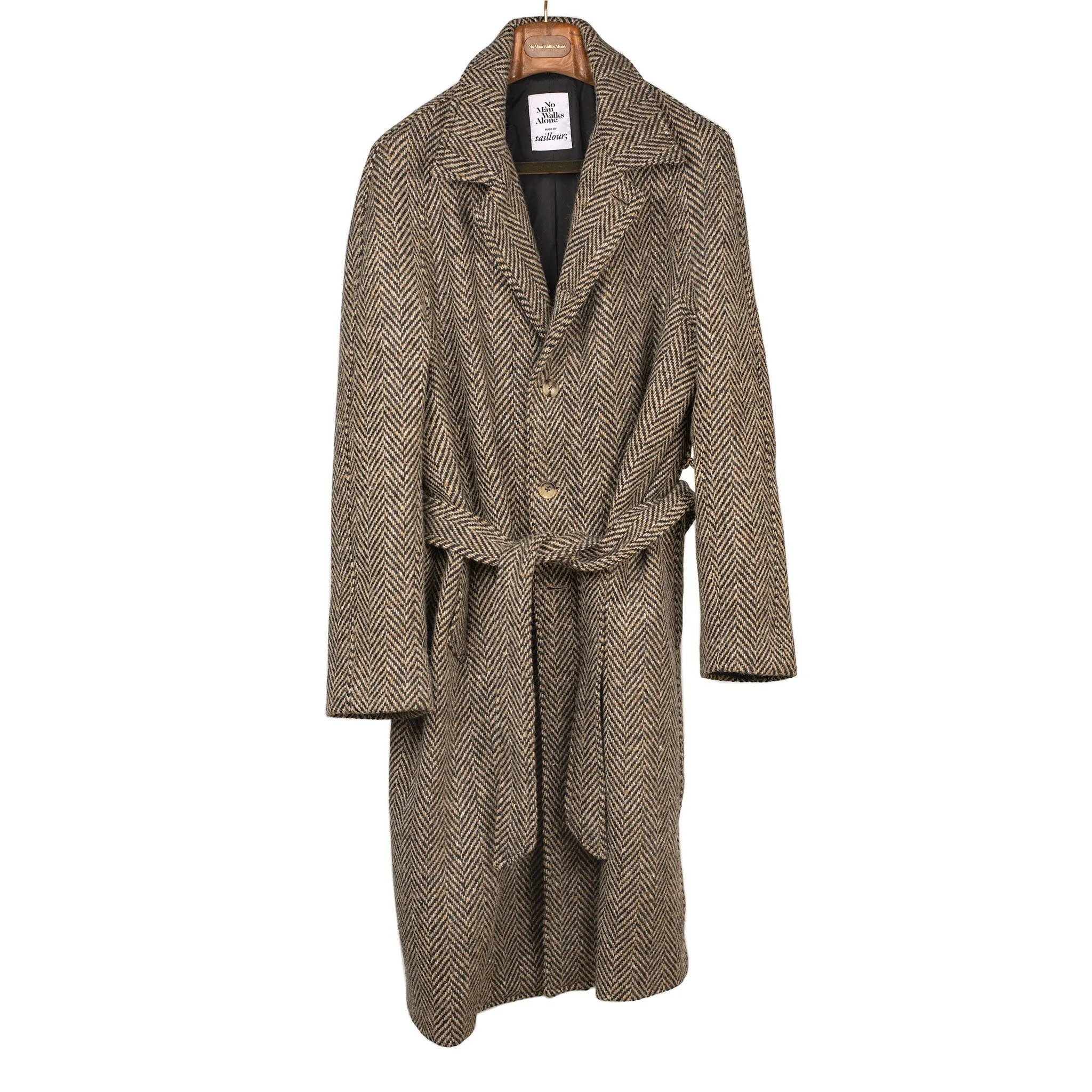 Belted balmacaan coat in handloomed Donegal oatmeal-black herringbone tweed