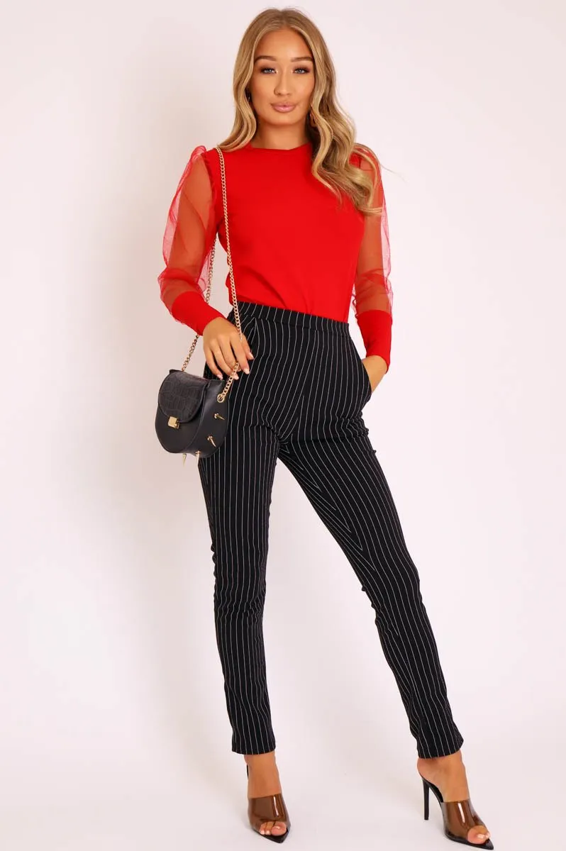 Black White Stripe Tapered Pocket Detail Trousers - Priyah