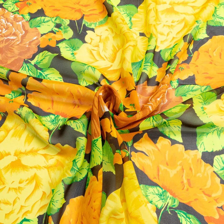 Bold Orange & Floral Printed Brown Silk Georgette