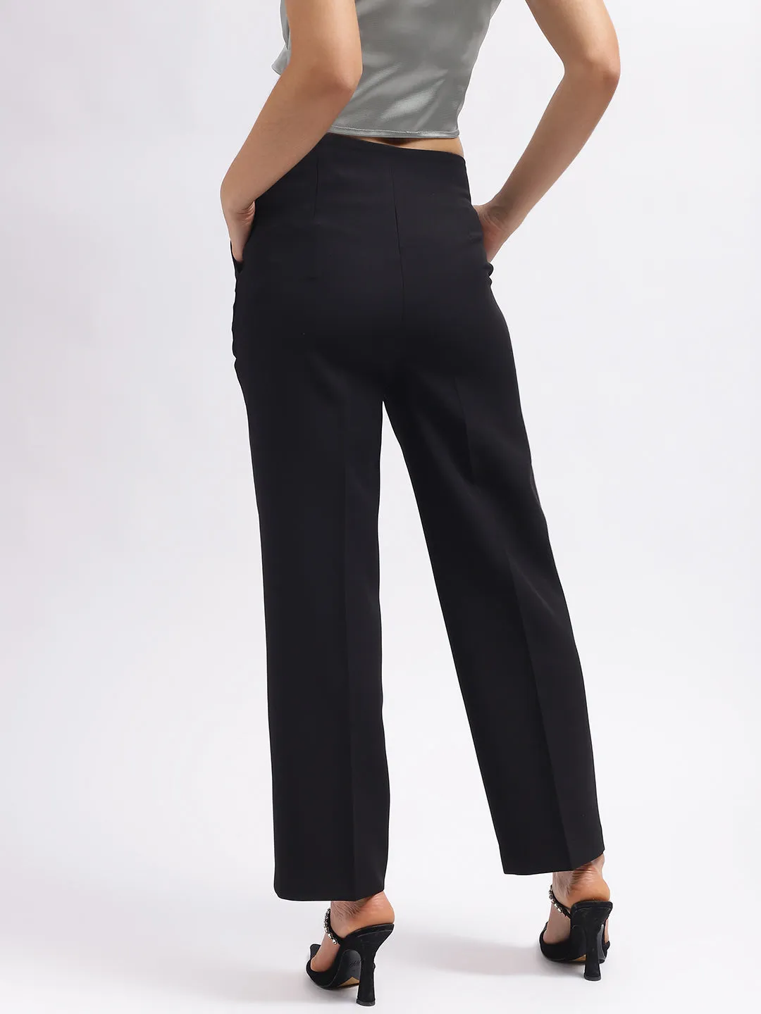 Centre Stage Women Black Solid Flared Mid-Rise Trouser