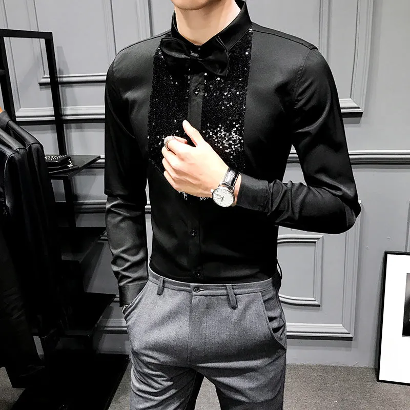 Chic Men Shirt Fashion  Front Sequins Tuxedo Long Sleeve