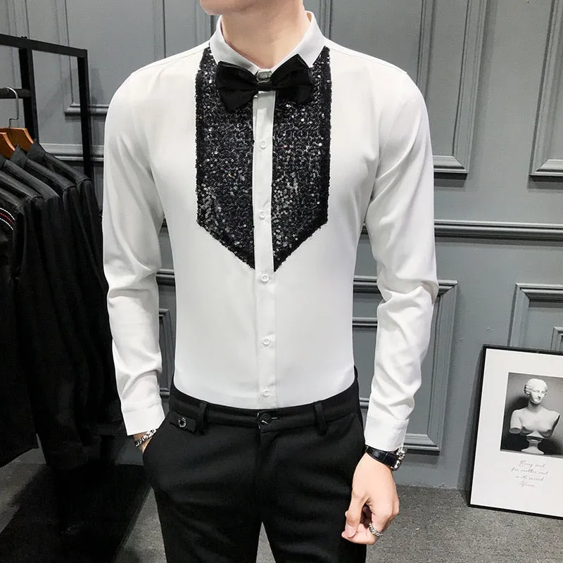 Chic Men Shirt Fashion  Front Sequins Tuxedo Long Sleeve