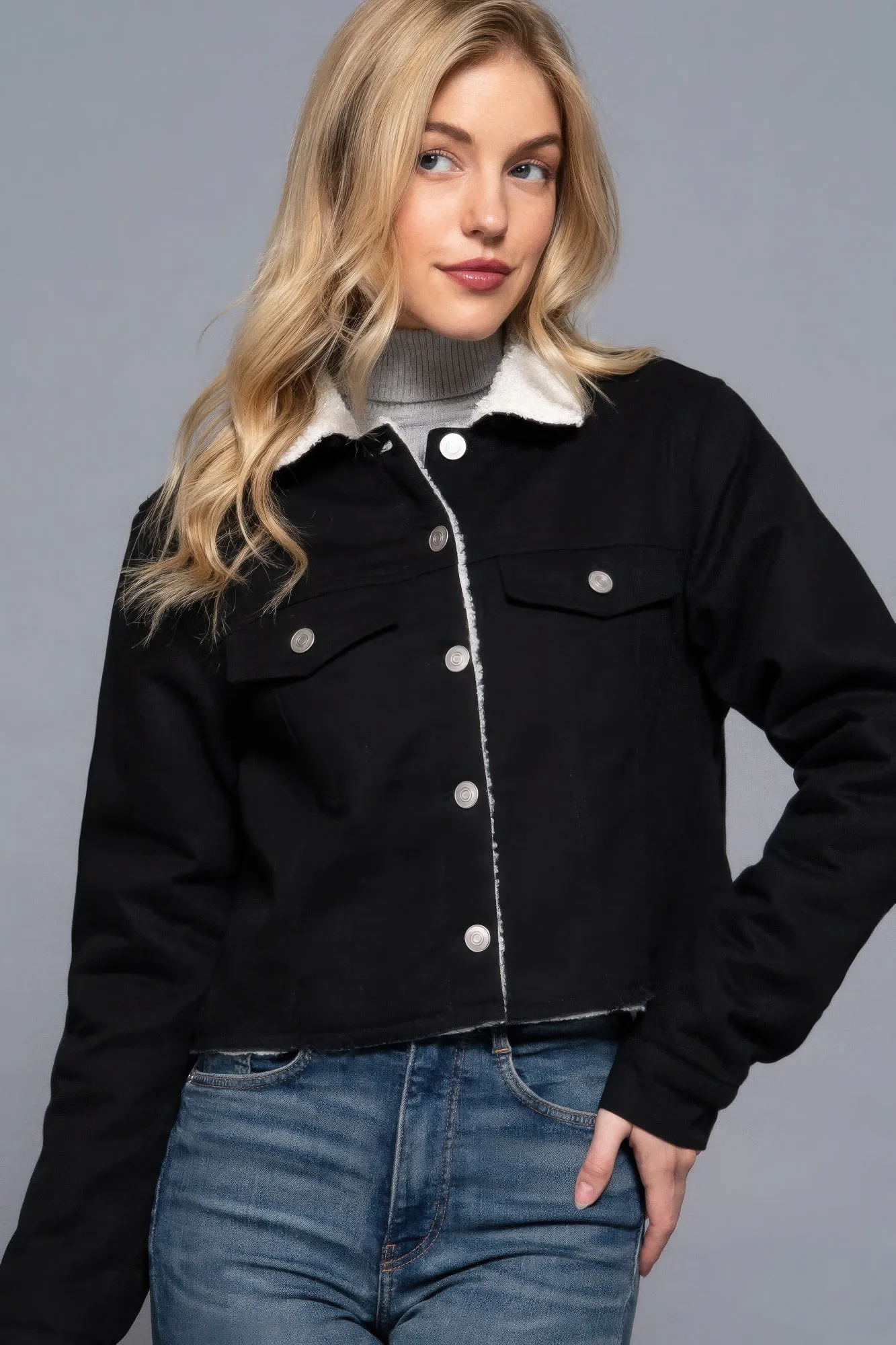 Cozy Button Closure Sherpa-Lined Twill Jacket in Black | Fashion M&J