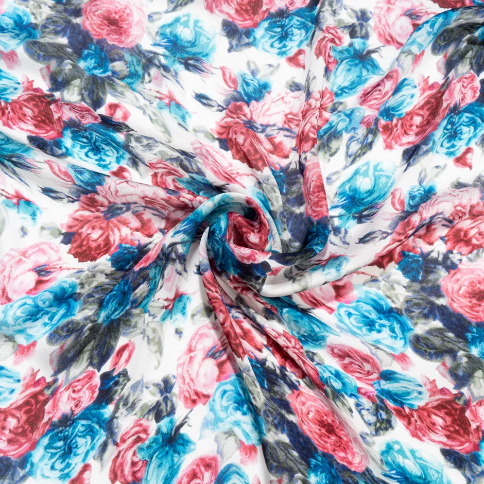 Deep Red & Blue Rose Floral Printed Silk Chiffon