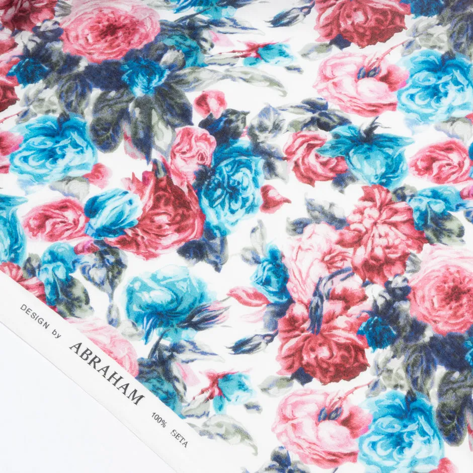 Deep Red & Blue Rose Floral Printed Silk Chiffon