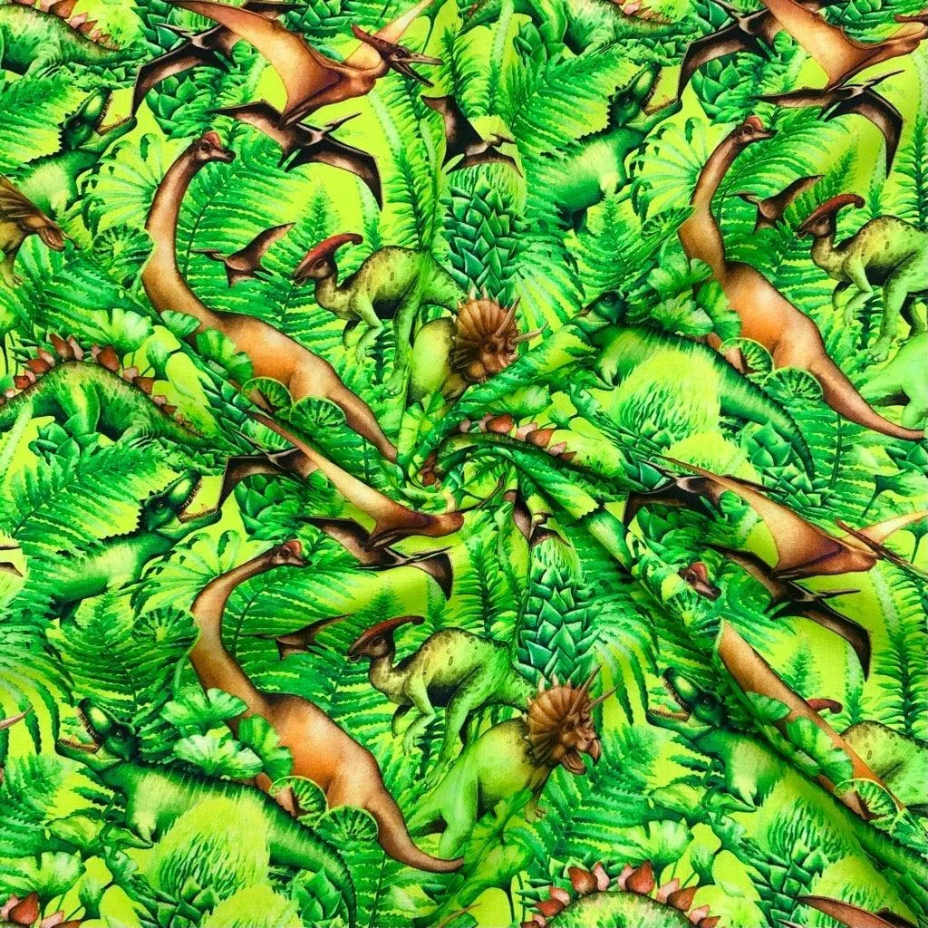 Dinosaurs in Tropical Forest on Lime Cotton Fabric