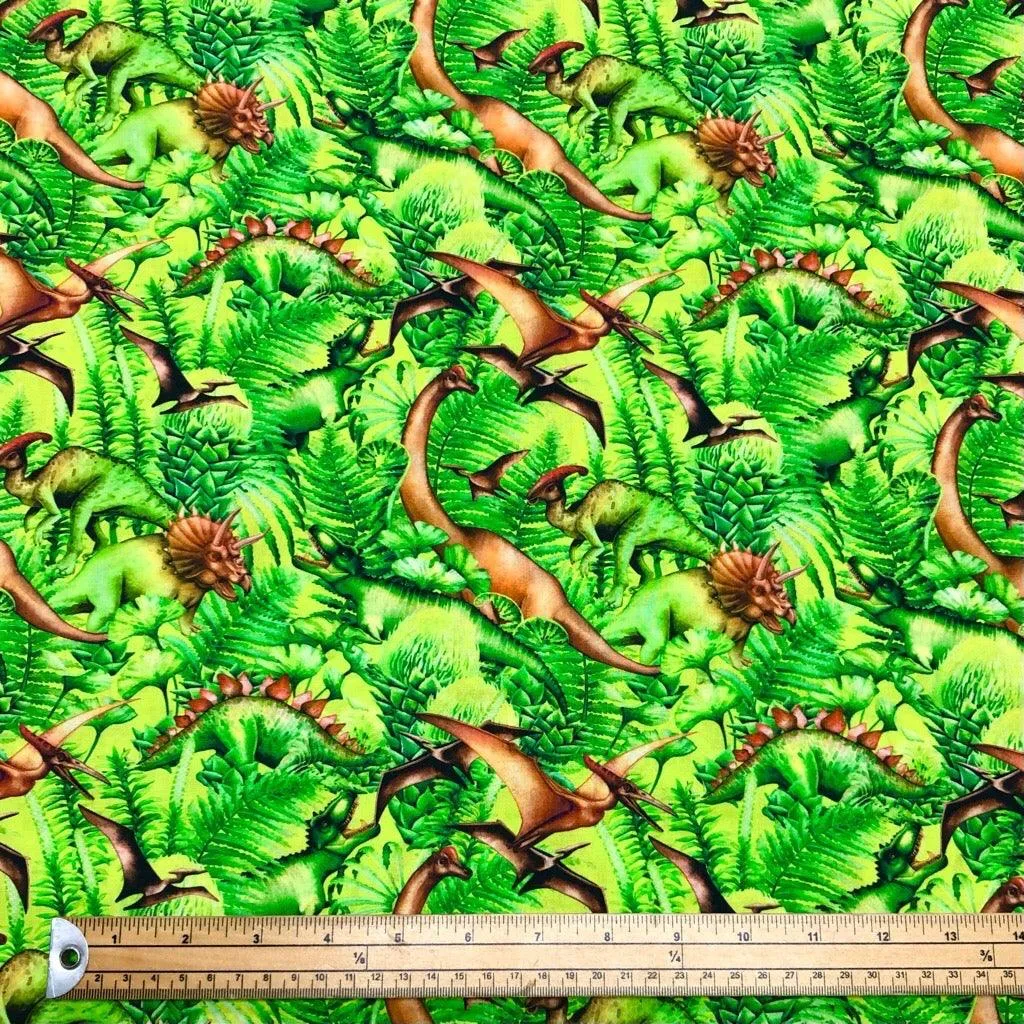 Dinosaurs in Tropical Forest on Lime Cotton Fabric