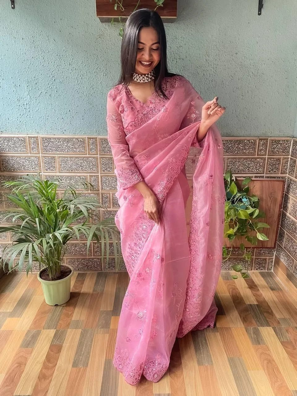 Dusty Pink Organza Embroidery Saree