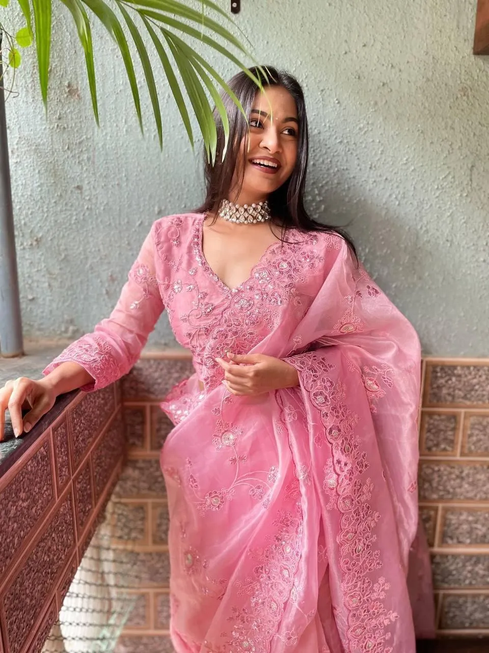 Dusty Pink Organza Embroidery Saree