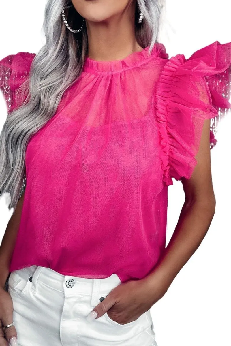 Eloise Ruffled Tulle Flutter Sleeve Blouse