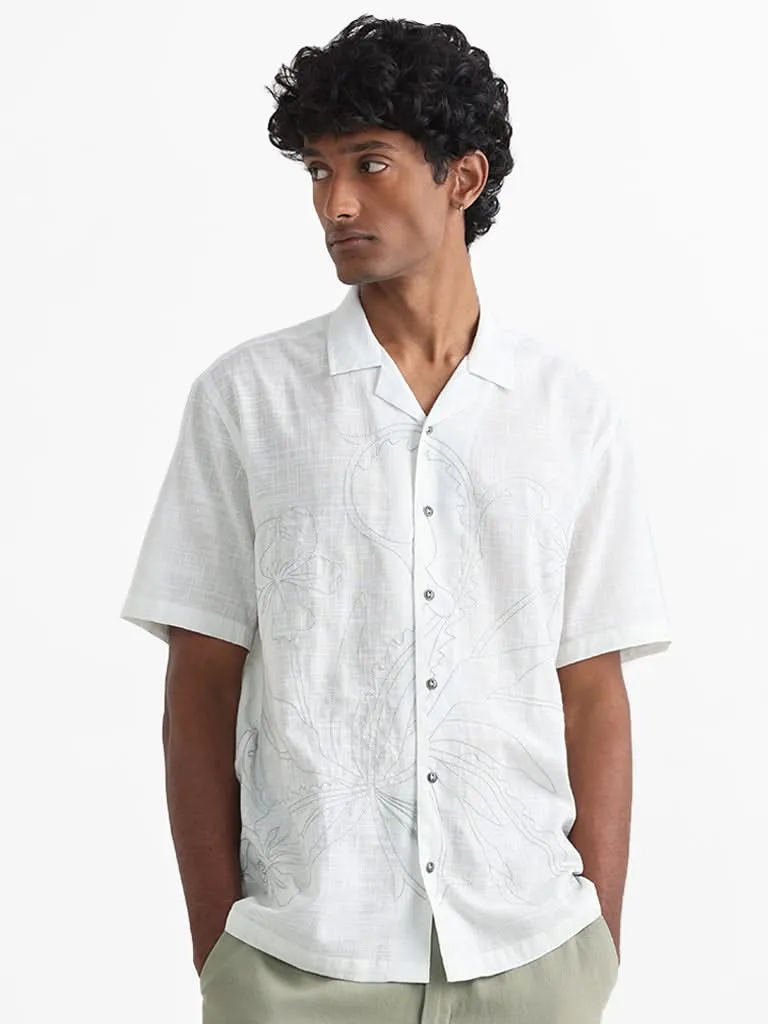 ETA Off White Embroidered Floral Cotton Relaxed-Fit Shirt