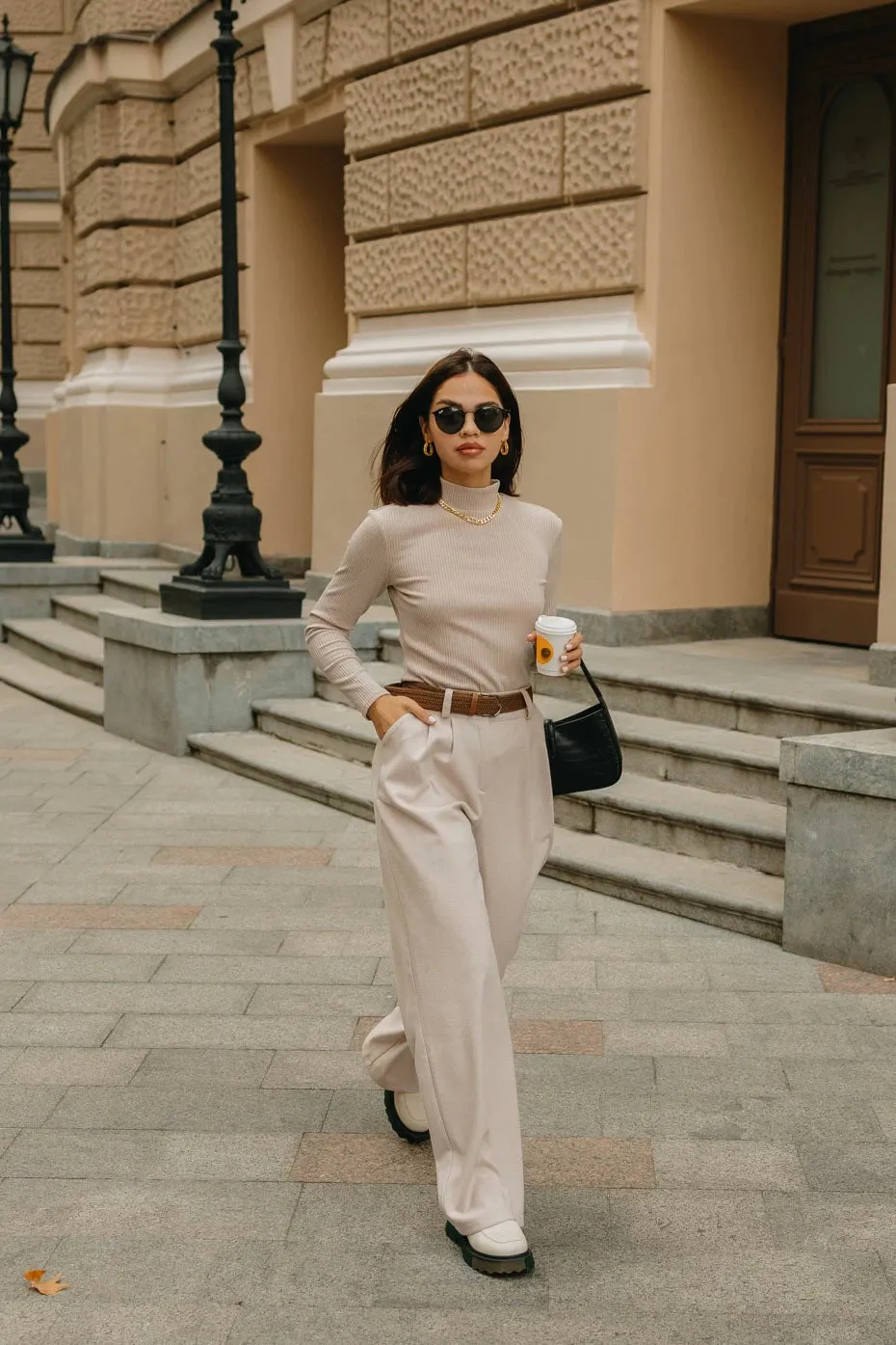 Flared Pants High Rise Wide Leg Stylish Pants Coffee Color