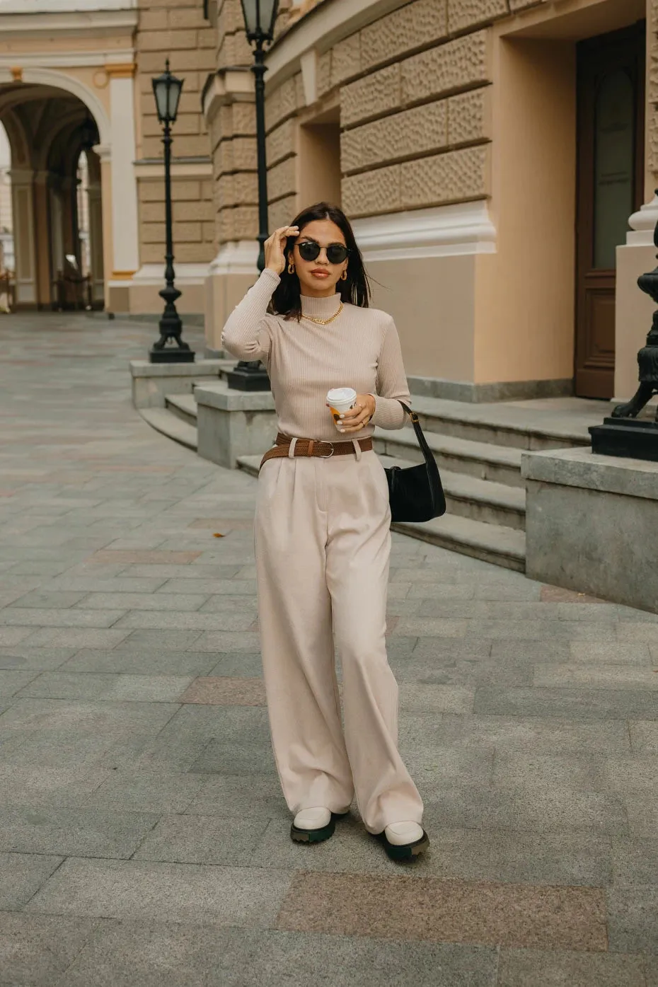 Flared Pants High Rise Wide Leg Stylish Pants Coffee Color