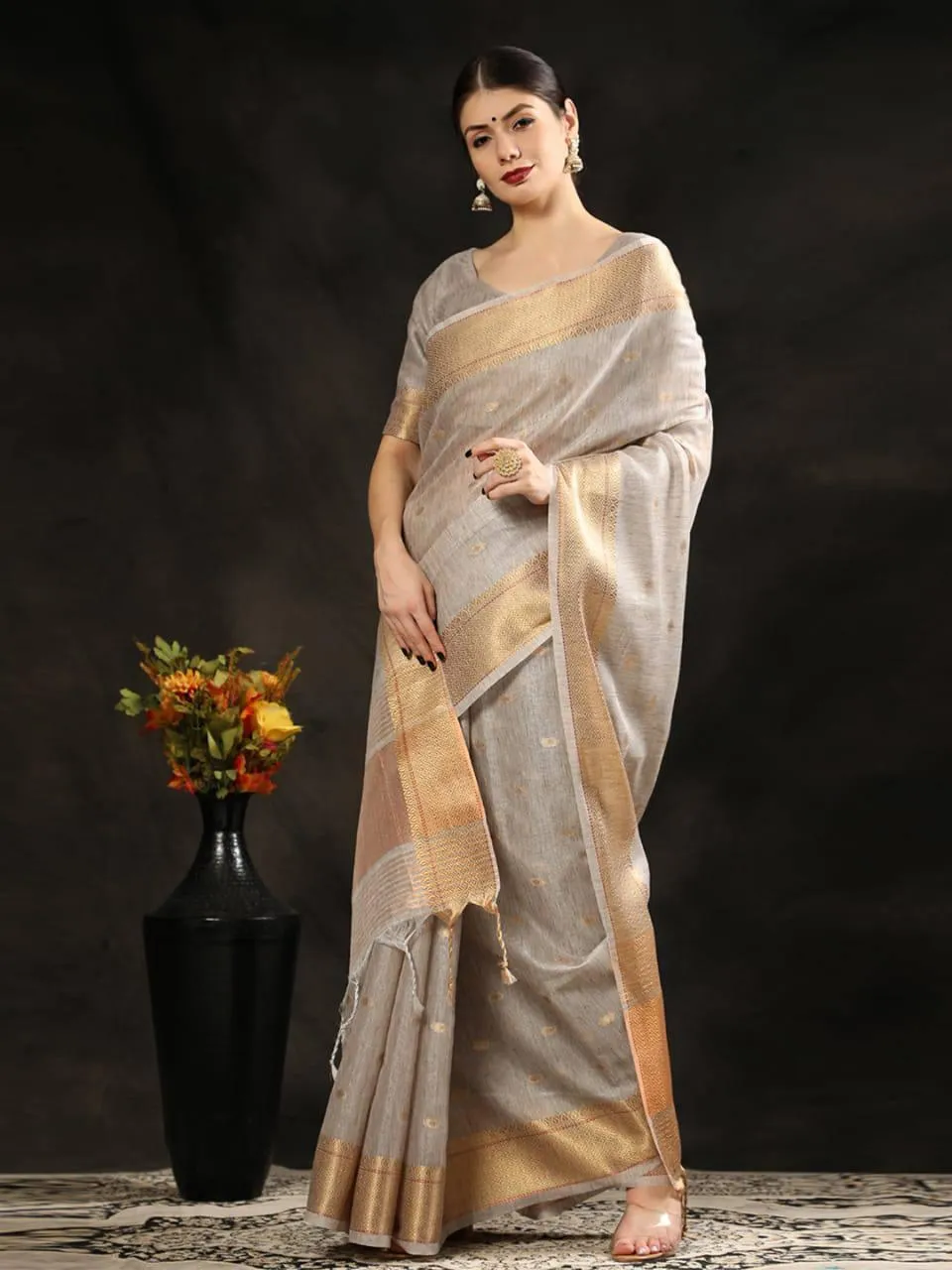 Fosil Grey Maheshwari Silk  Saree