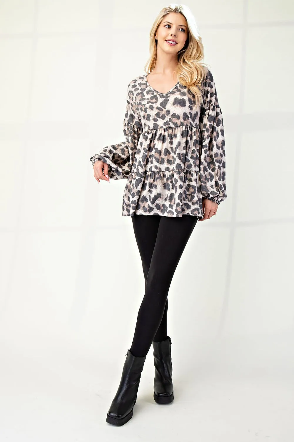 Full Size Leopard V-Neck Balloon Sleeve Blouse