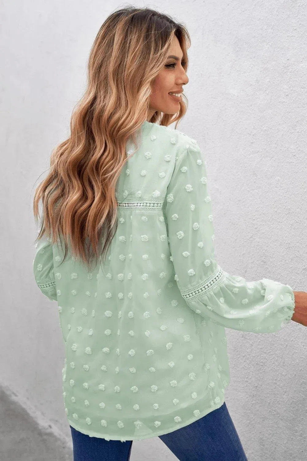 Green Swiss Dot Split Neck Ruffle Babydoll Blouse