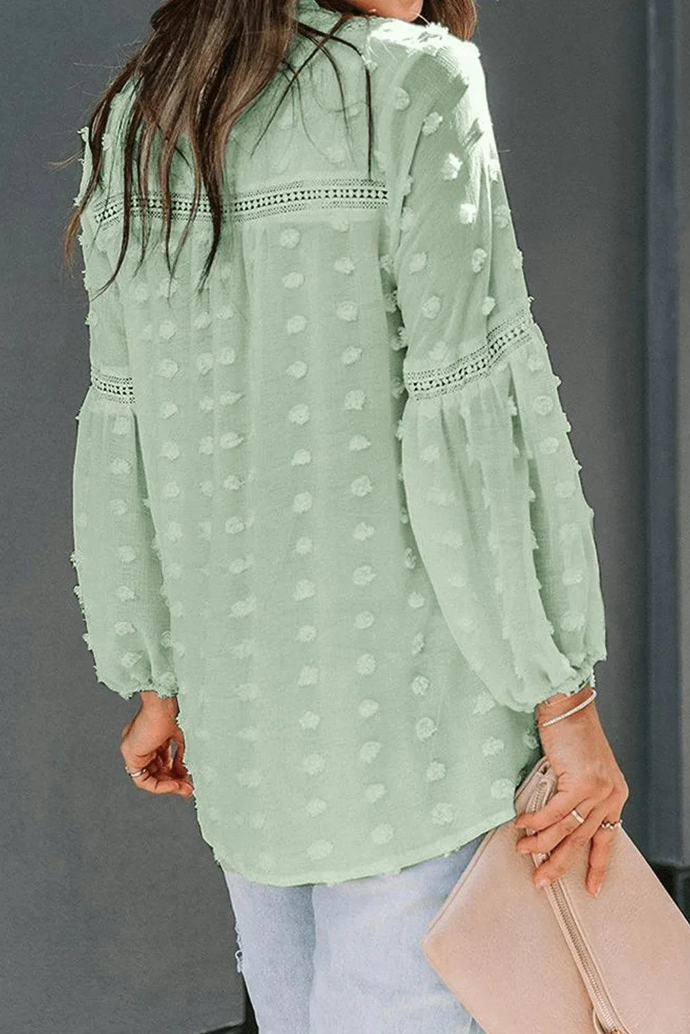 Green Swiss Dot Split Neck Ruffle Babydoll Blouse