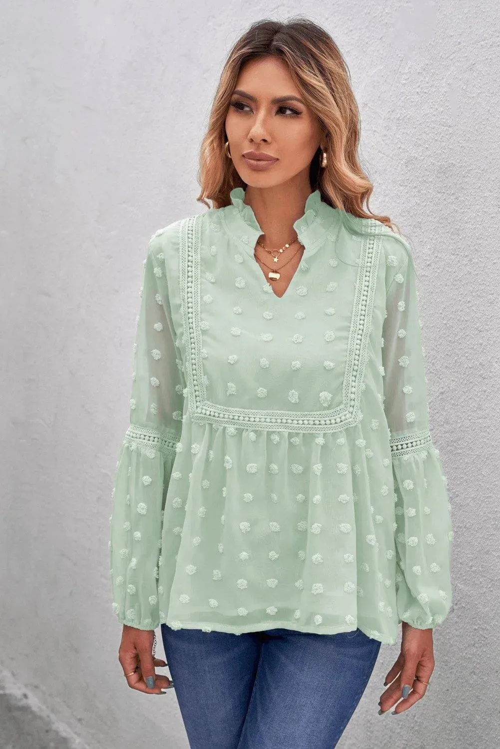 Green Swiss Dot Split Neck Ruffle Babydoll Blouse