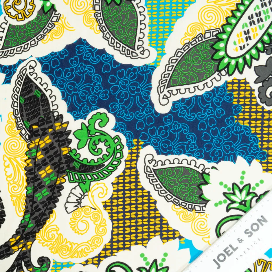 Green, Yellow & Blue Patchwork Printed Silk Crêpe de Chine