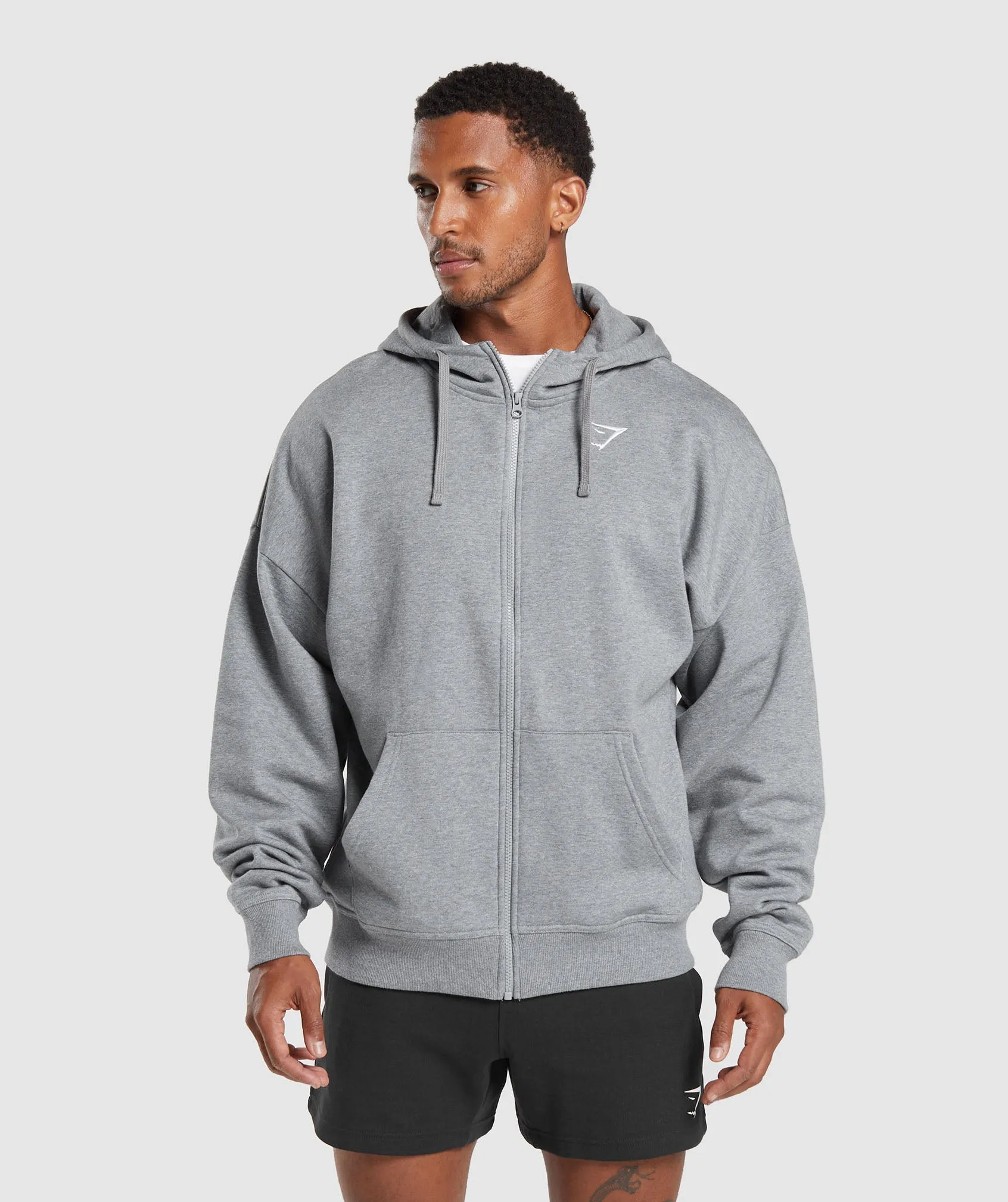 Premium Gymshark Crest Oversized Charcoal Grey Marl Zip-Up Hoodie