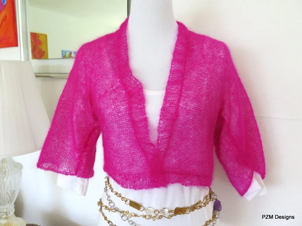 Hot Pink Silk Mohair Cropped Hand Knit Jacket Sweater