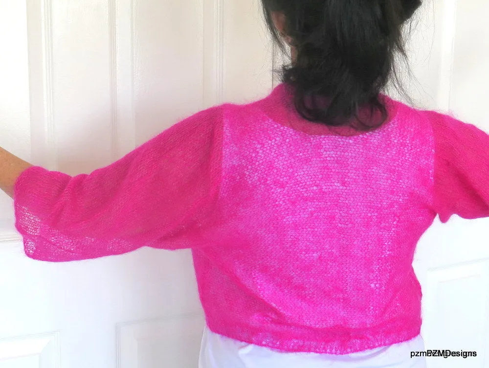 Hot Pink Silk Mohair Cropped Hand Knit Jacket Sweater