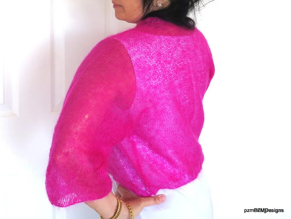 Hot Pink Silk Mohair Cropped Hand Knit Jacket Sweater