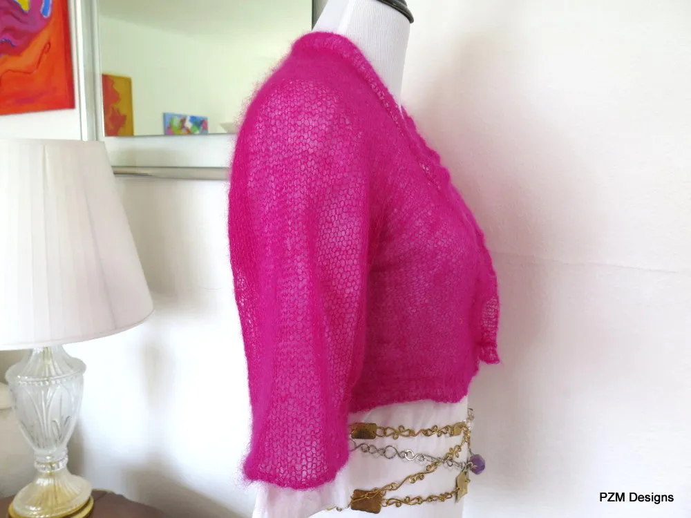 Hot Pink Silk Mohair Cropped Hand Knit Jacket Sweater