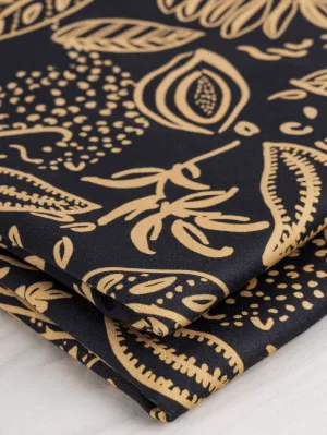 Illustrated Botanical Print Stretch Cotton Sateen - Black   Gold