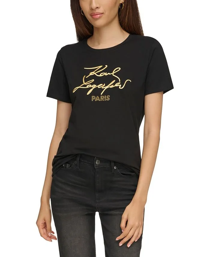 KARL LAGERFELD PARIS women's T-shirt with metallic logo, black