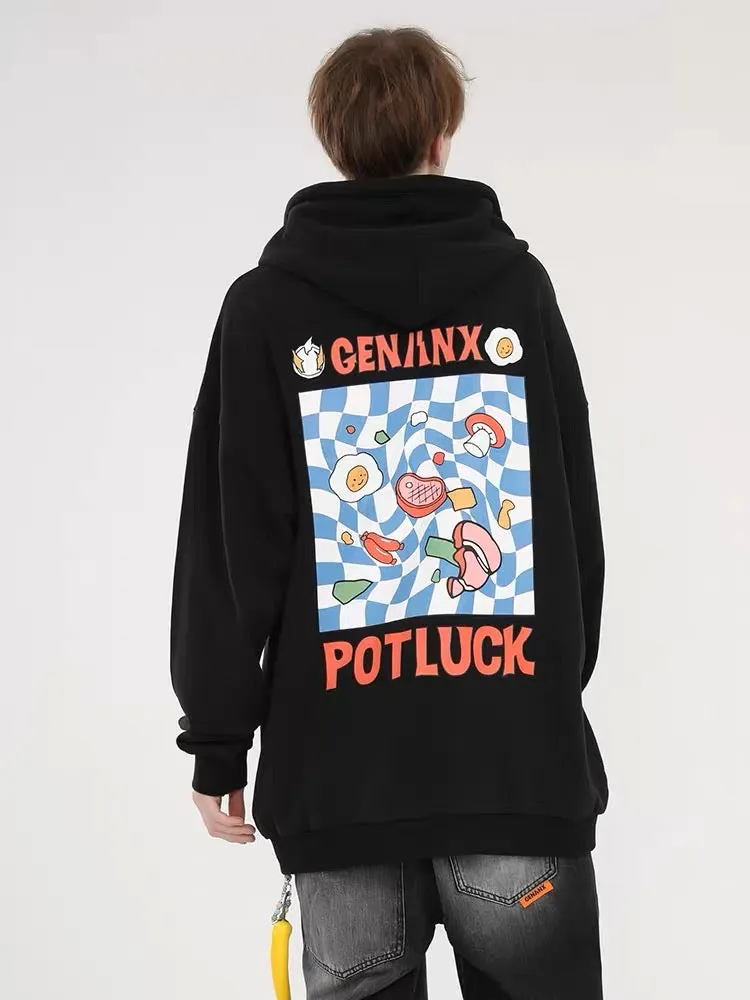 Meal Series  Plaid Food Print Contrasting Color Drawstring Hooded Sweatshirt