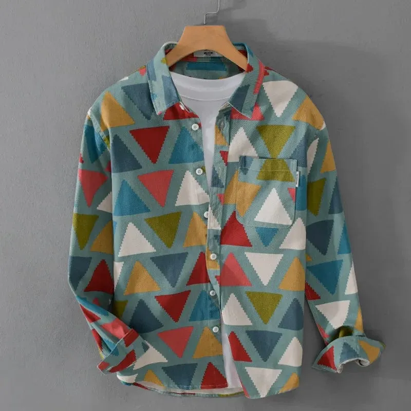 Men's Cotton Colorful Geometric Print Long Sleeve Shirt | Japan Style Chic Versatile Streetwear Top