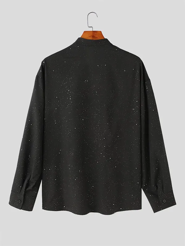 Mens Glitter Stacked Collar Long Sleeve Shirt SKUK69203