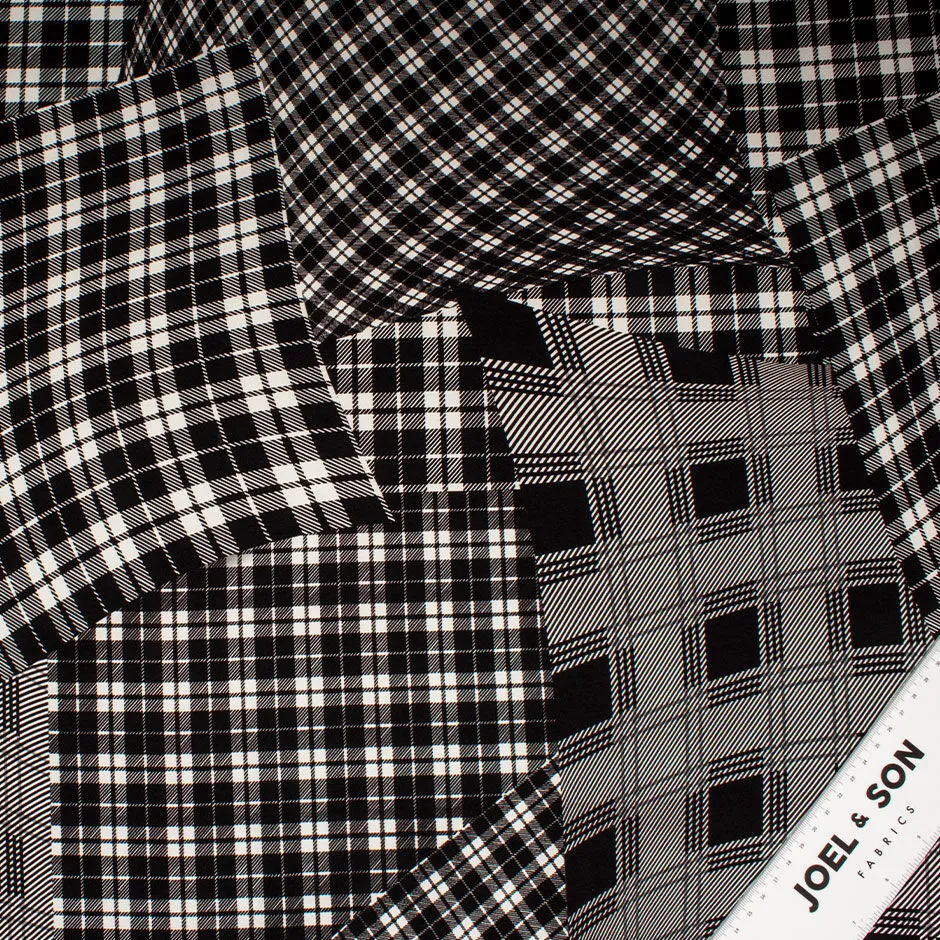 Monochrome Tartan Patchwork Printed Stretch Silk