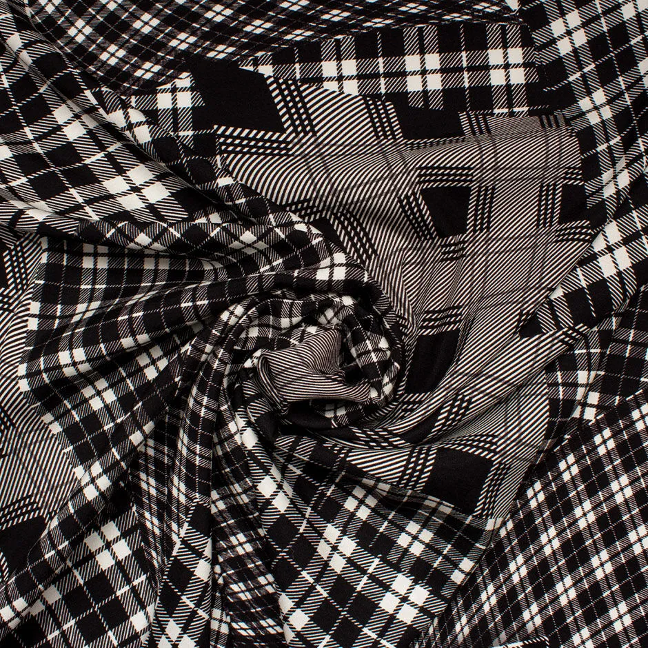 Monochrome Tartan Patchwork Printed Stretch Silk