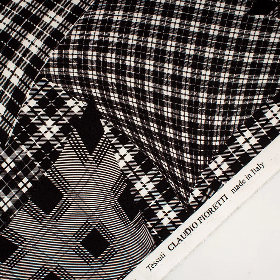 Monochrome Tartan Patchwork Printed Stretch Silk