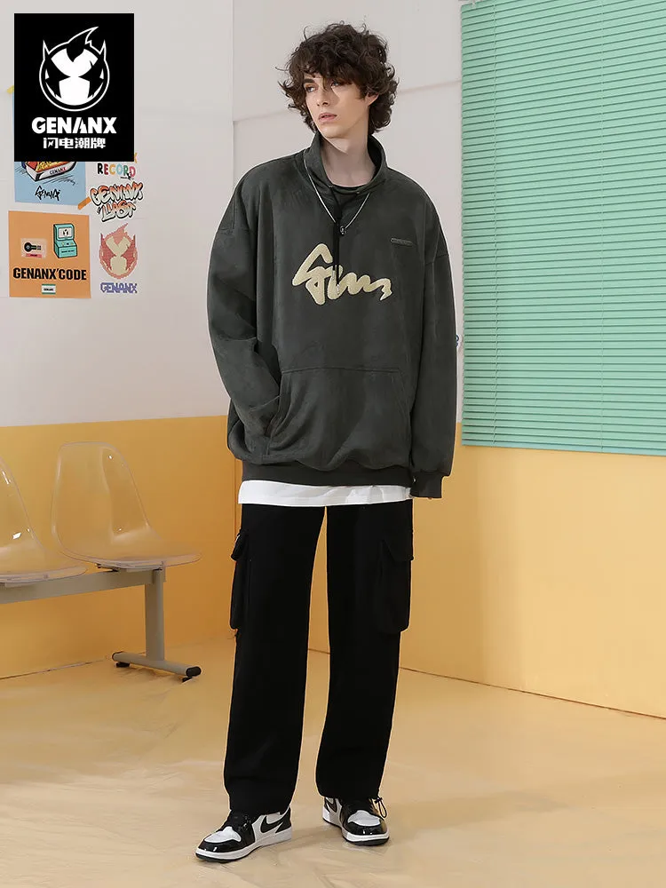 Monogram towel embroidered rollover high neck drop rotator sleeve snowflake fleece hoodie with kangaroo pocket