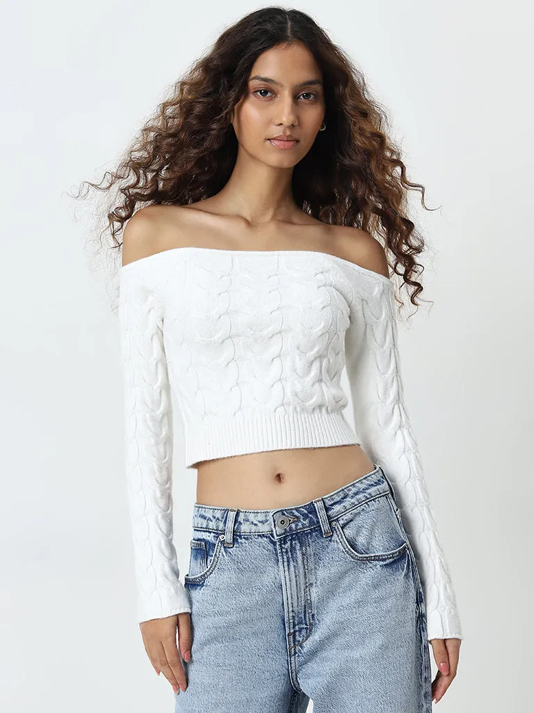 Nuon Off-White Patterned Off-Shoulder Sweater