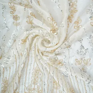 Off White Cutdana & Sequins Embroidery Organza Fabric 21096