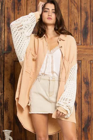 Openwork Lantern Sleeve Button Down Gauze Shirt