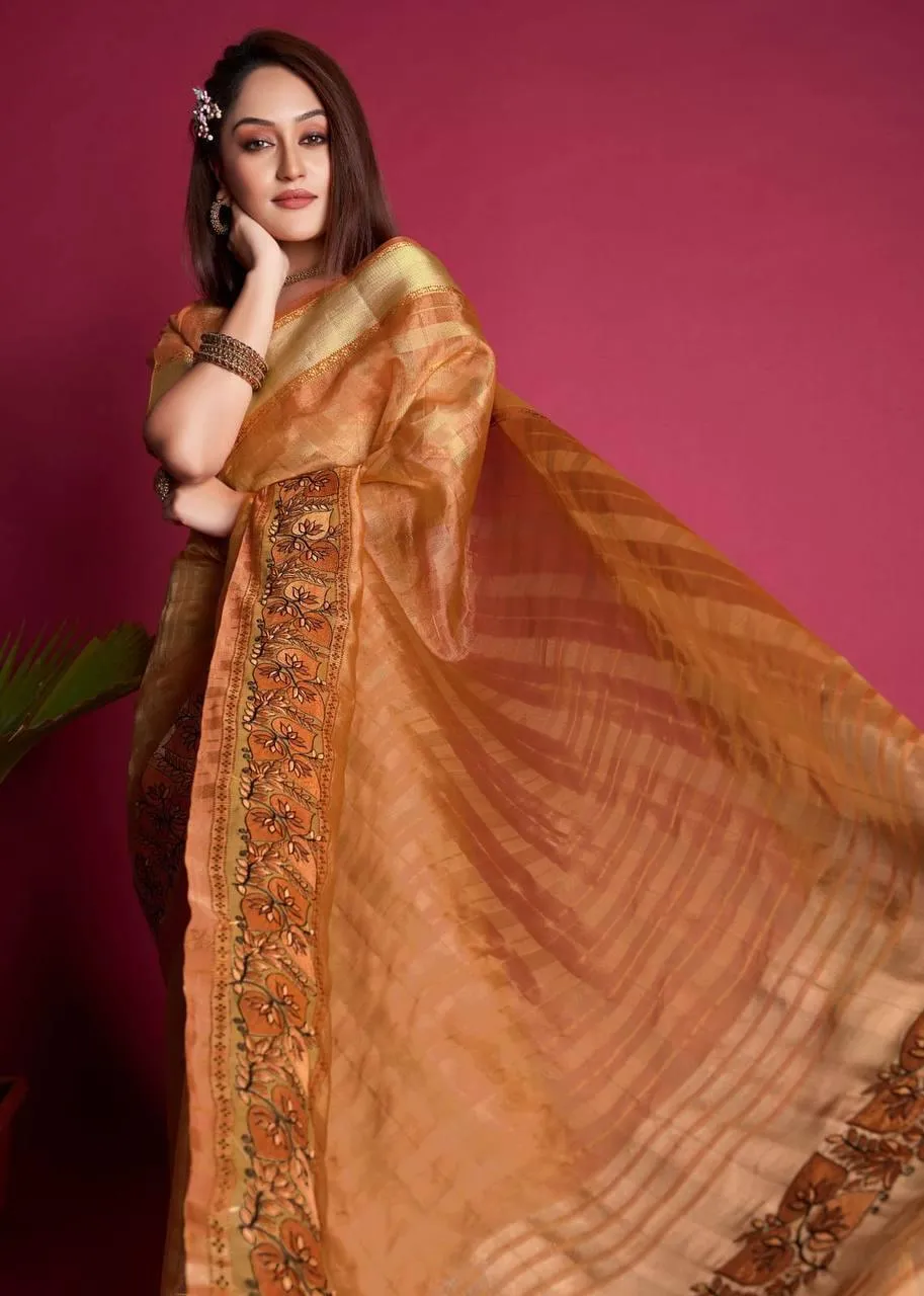 Orange Organza Silk  Saree