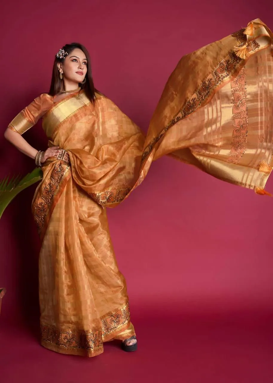 Orange Organza Silk  Saree