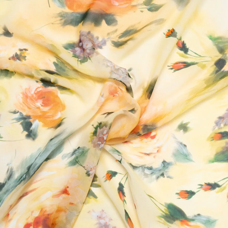 Orange Rose Printed Pale Yellow Pure Silk Georgette